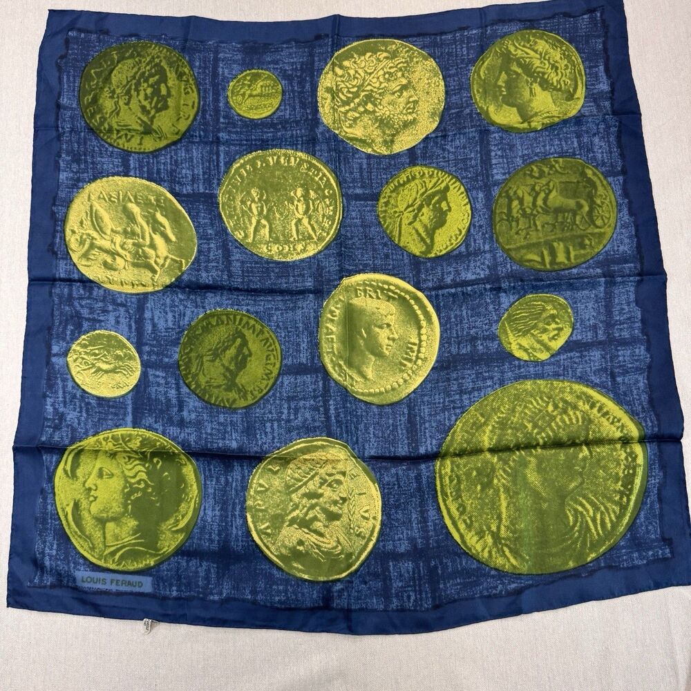 Vintage Louis Feraud Paris Silk Scarf Blue Gold Roman Coin Print 31” Square